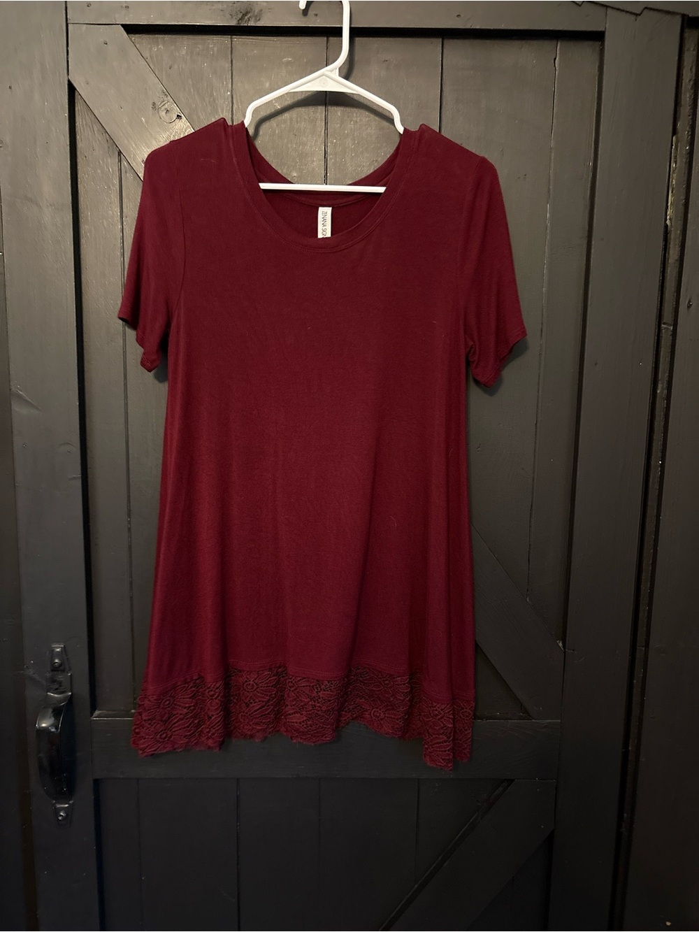 Zenana Outfitters Short-Sleeve Swing Tunic in Burgundy with Lace Trim